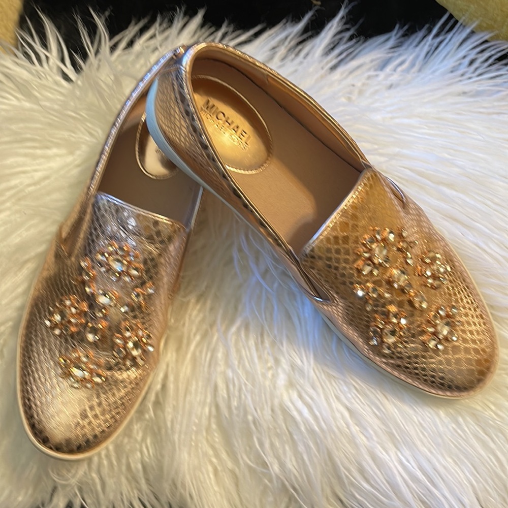 Special addition Michael Kors roses gold loafers.